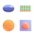 Various meds icons set cartoon vector. Pill and capsule blister