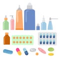 Various meds. Pills, capsules blisters, glass bottles with liquid medicine and plastic tubes with caps. Drug medication Royalty Free Stock Photo