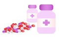 Various meds. Two medicine cans with cross and many white purple Pills, capsules,