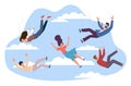 Various men and women fall in sky among clouds. Falling characters in different poses. Movement in air. People in flight