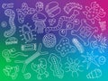 Various microorganisms on colorful gradient background pattern. Backdrop with infectious germs, protists, microbes