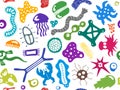 Various microorganisms seamless pattern. Backdrop with infectious germs, protists, microbes, disease causing bacteria Royalty Free Stock Photo