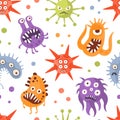 Various Microorganisms Seamless Pattern, Germs, Viruses and Microbes Characters, Design Element Can Be Used for