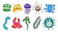 Various microorganisms virus vector cartoon bacteria germ emoticon character set. Bacterial ilness infection