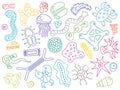 Various microorganisms on white background pattern. Backdrop with infectious germs, protists, microbes, disease causing