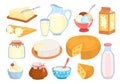 Various milk products. Cartoon dairy food. Cottage cheese. Butter piece. Sour cream. Yoghurt bottle. Jug and glass Royalty Free Stock Photo