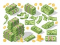 Various money bills dollar cash paper bank notes and gold coins vector set