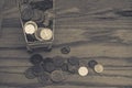 Various money coins Baht in yellow mini shopping cart or supermarket trolley beside pile of money coins. Royalty Free Stock Photo