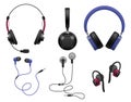 Various music earphones. Types realistic stereo audio earbuds with microphone, wireless headset and portable in ear