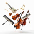 Various musical instruments float in air against white background. Electric guitar, violins, keyboard and music notes create Royalty Free Stock Photo