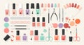 Various nail care and manicure tools are arranged on a light background. The items include nail polish Royalty Free Stock Photo