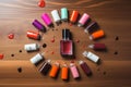 Various nail polishes on a wooden backdrop with ample copy space Royalty Free Stock Photo
