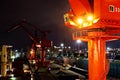 Various night views of the port, piers, terminal and cityline of the Port Qingdao, China, September, 2020.