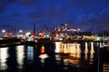 Various night views of the port, piers, terminal and cityline of the Port Qingdao, China, September, 2020.