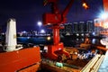 Various night views of the port, piers, terminal and cityline of the Port Qingdao, China, September, 2020.