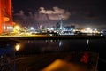 Various night views of the port, piers, terminal and cityline of the Port Qingdao, China, September, 2020.