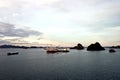 Various night views roadstead and coastline of the Halong Bay. Port of Campha, Vienam. October, 2020.