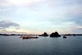 Various night views roadstead and coastline of the Halong Bay. Port of Campha, Vienam. October, 2020.