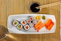 Various of nigiri and hosomaki sushi traditionally served with wasabi and soy sauce Royalty Free Stock Photo