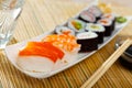 Various of nigiri and hosomaki sushi traditionally served with wasabi and soy sauce Royalty Free Stock Photo