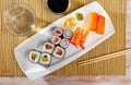 Various of nigiri and hosomaki sushi traditionally served with wasabi and soy sauce Royalty Free Stock Photo