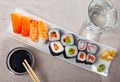 Various of nigiri and hosomaki sushi traditionally served with wasabi and soy sauce Royalty Free Stock Photo