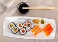 Various of nigiri and hosomaki sushi traditionally served with wasabi and soy sauce Royalty Free Stock Photo