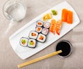 Various of nigiri and hosomaki sushi traditionally served with wasabi and soy sauce Royalty Free Stock Photo