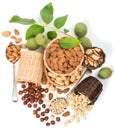 Various nuts in a baskets Royalty Free Stock Photo