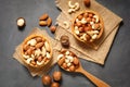 Various nuts in bowl - cashew, hazelnuts, almonds, brazilian nuts and macadamia