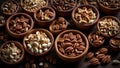 Various nuts in bowls natural, brown on a gray background protein