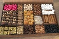 Various nuts, candies and Turkish delight, stacked in the box. Royalty Free Stock Photo