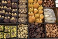 Various nuts, candies and Turkish delight, stacked in the box. Royalty Free Stock Photo