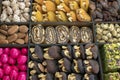 Various nuts, candies and Turkish delight, stacked in the box. Royalty Free Stock Photo
