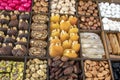 Various nuts, candies and Turkish delight, stacked in the box. Royalty Free Stock Photo