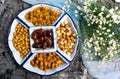 Various nuts and dried fruit arranged serving Royalty Free Stock Photo