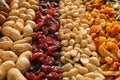 Various nuts with dried fruits, closeup Royalty Free Stock Photo