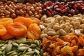 Various nuts with dried fruits, closeup Royalty Free Stock Photo