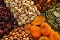 Various nuts with dried fruits, closeup Royalty Free Stock Photo