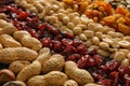 Various nuts with dried fruits, closeup Royalty Free Stock Photo