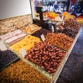 Various nuts and dried fruits on the Mahane Yehuda Market. Royalty Free Stock Photo