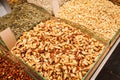 Various nuts and dried fruits on the Mahane Yehuda Market. Royalty Free Stock Photo