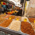 Various nuts and dried fruits on the Mahane Yehuda Market.