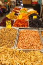 Various nuts and dried fruits on the Mahane Yehuda Market. Royalty Free Stock Photo