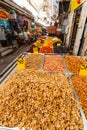 Various nuts and dried fruits on the Mahane Yehuda Market. Royalty Free Stock Photo