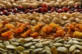Various nuts with dried fruits and pumpkin seeds, closeup Royalty Free Stock Photo