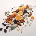 various nuts and dried fruits on a white background arranged diagonally