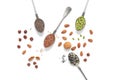 Various nuts and seeds in a spoon isolated on white background. Top view, flat lay, copy space Royalty Free Stock Photo