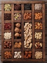 Various nuts in wooden box Royalty Free Stock Photo