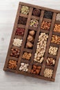 Various nuts in wooden box Royalty Free Stock Photo